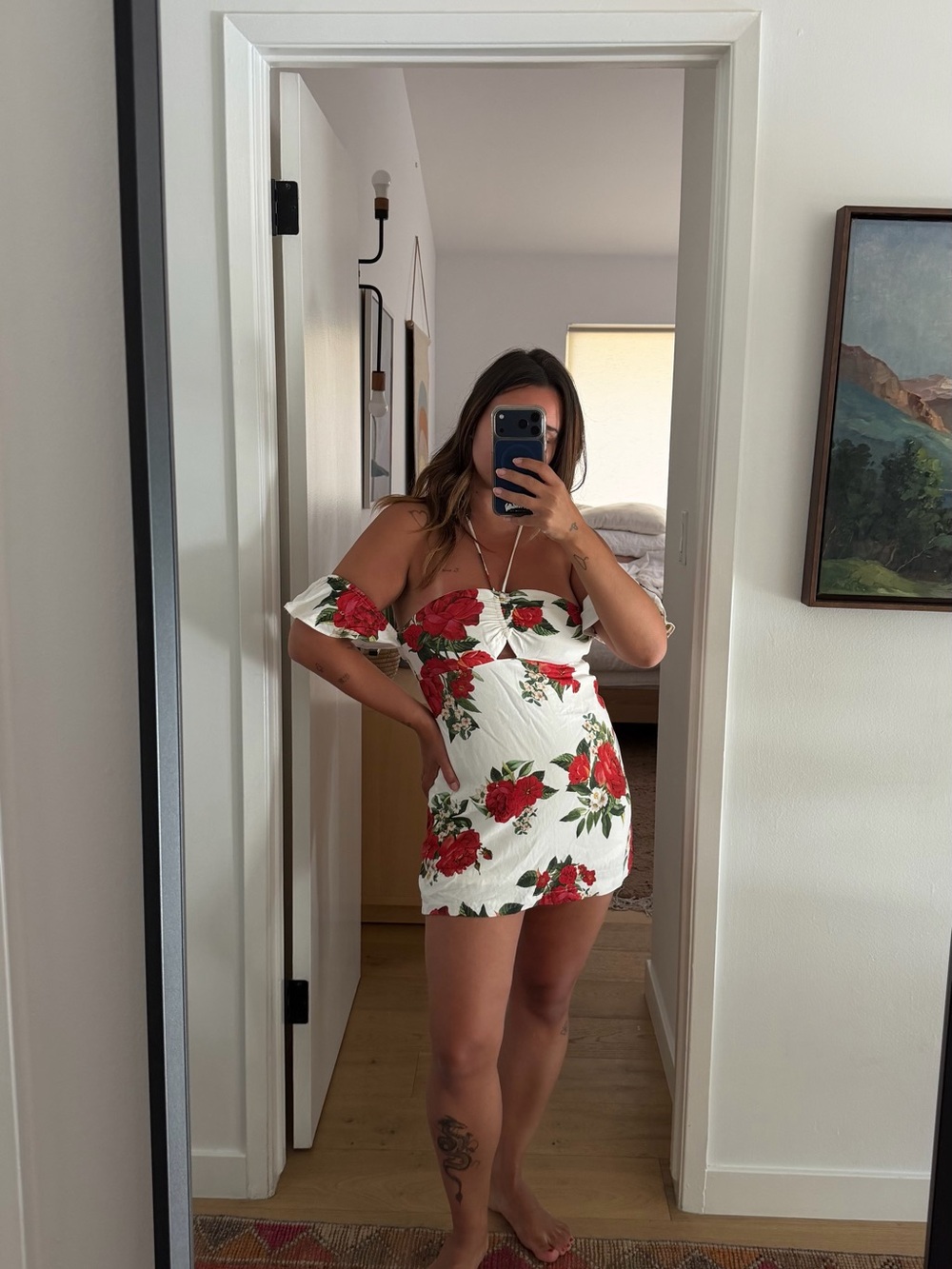 Farm Rio Off-Shoulder White Dress with Red Floral Print